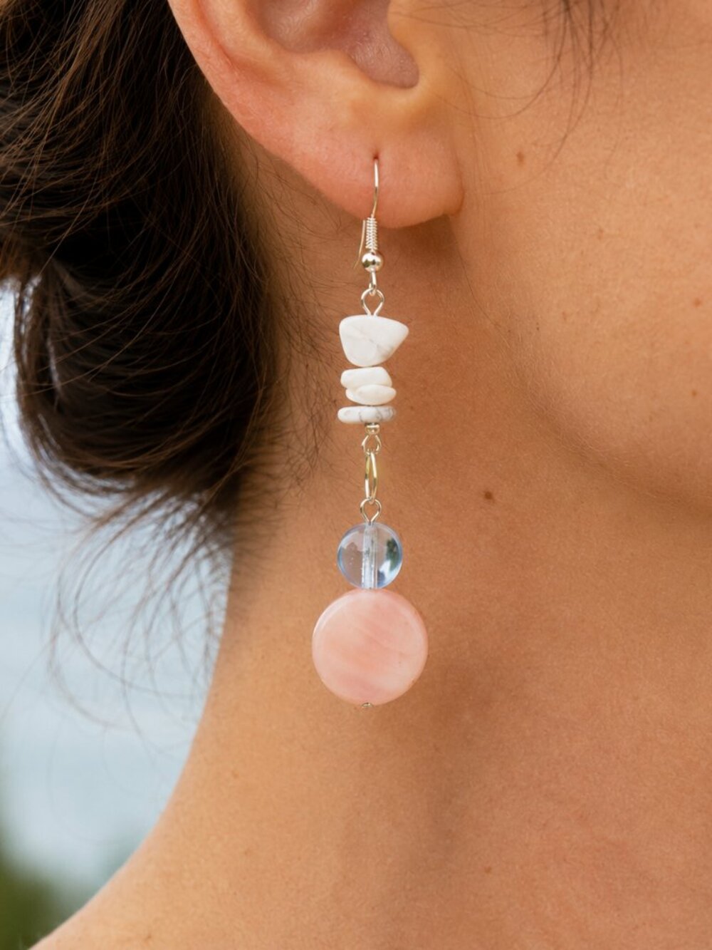 Pink Mother of Pearl & Howlite Dangle Earrings, Blue Czech Glass